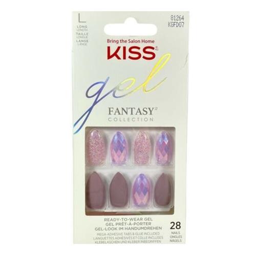 Kiss Nails Gel Fantasy Press or Glue Manicure Long Gel Almond Purple Glitter 28 Nails